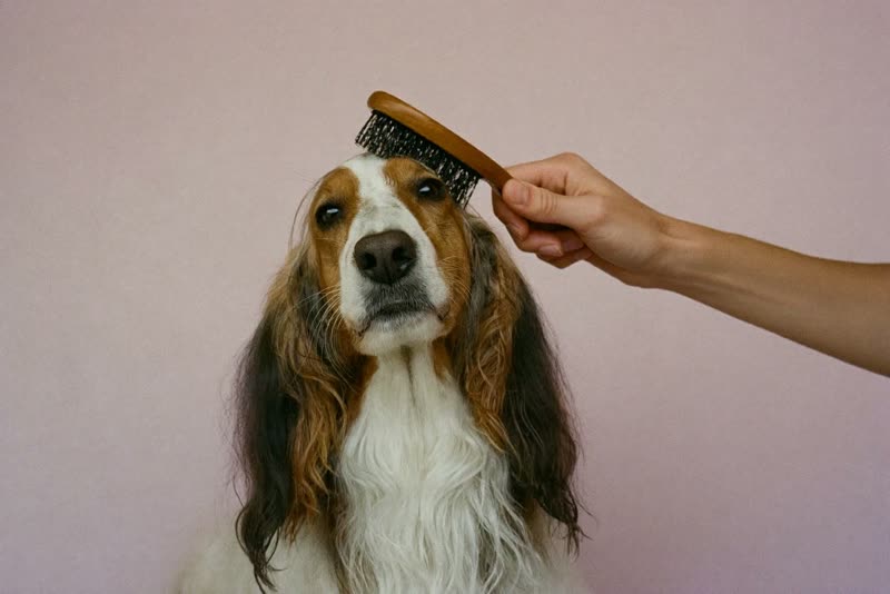 A hand brushing a long-haired dog's coat