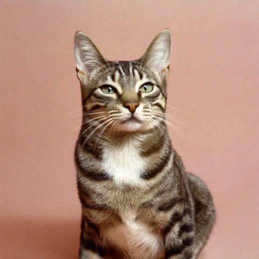 A calm cat with a neatly combed coat on a plain pastel backdrop